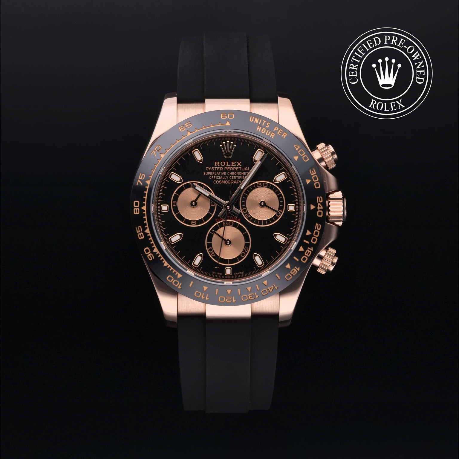 Rolex Certified Pre-owned Daytona M116515LN-0017 front on black background