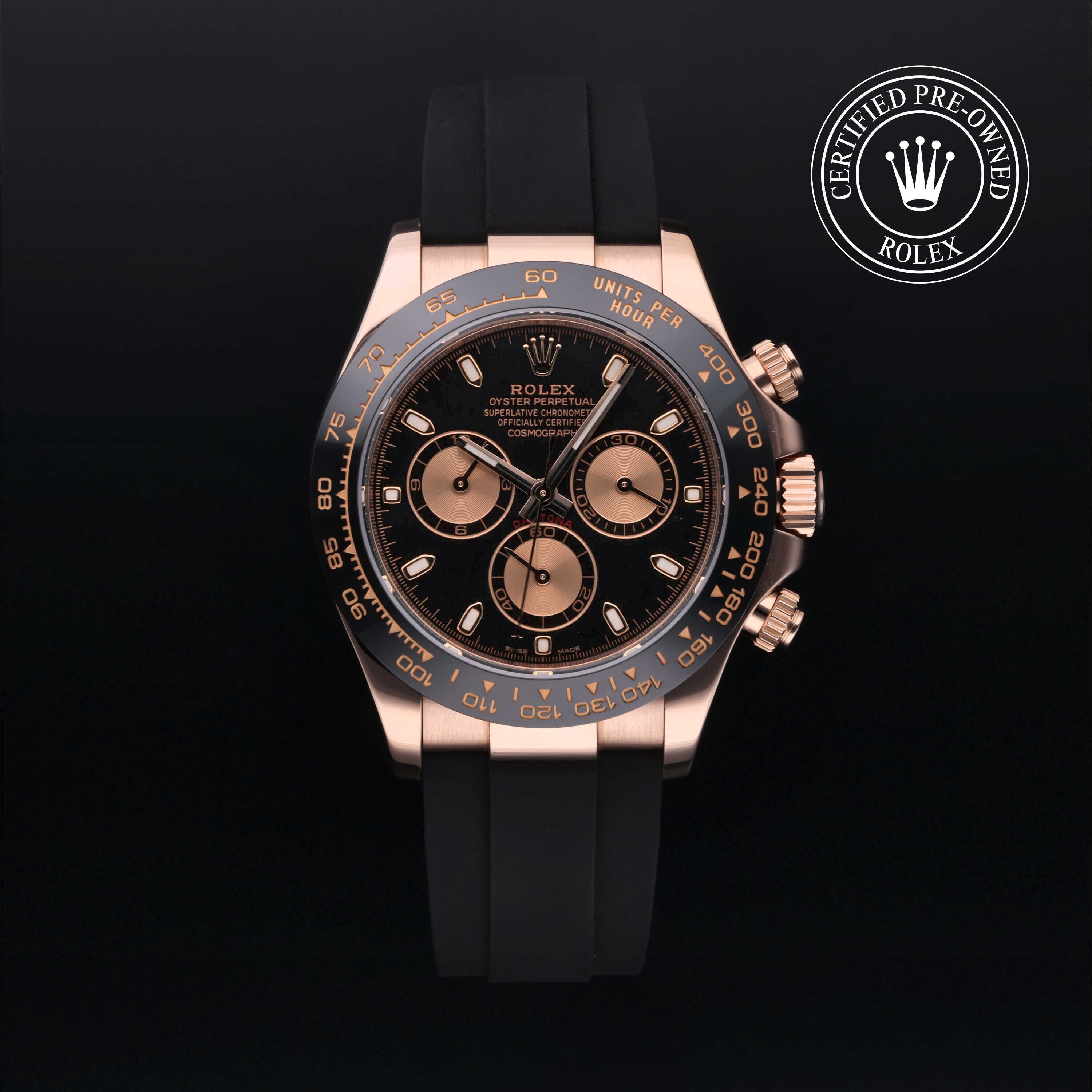 Rolex Certified Pre-owned Daytona M116515LN-0017 front on black background