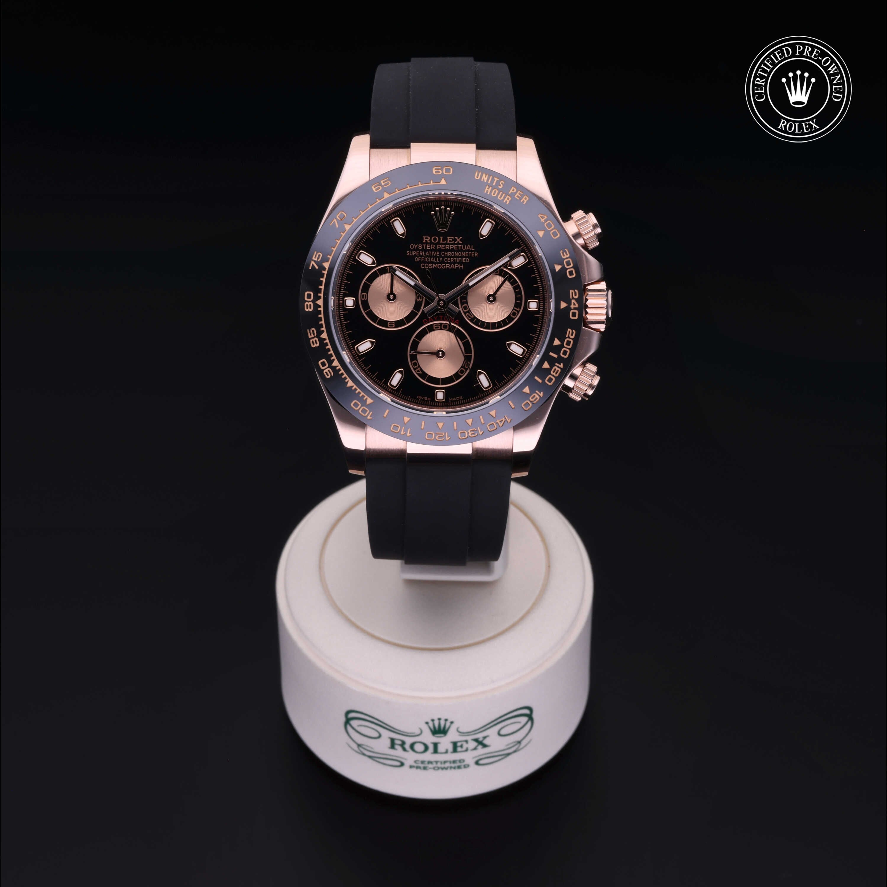 Rolex Certified Pre-owned Daytona M116515LN-0017 front on black background