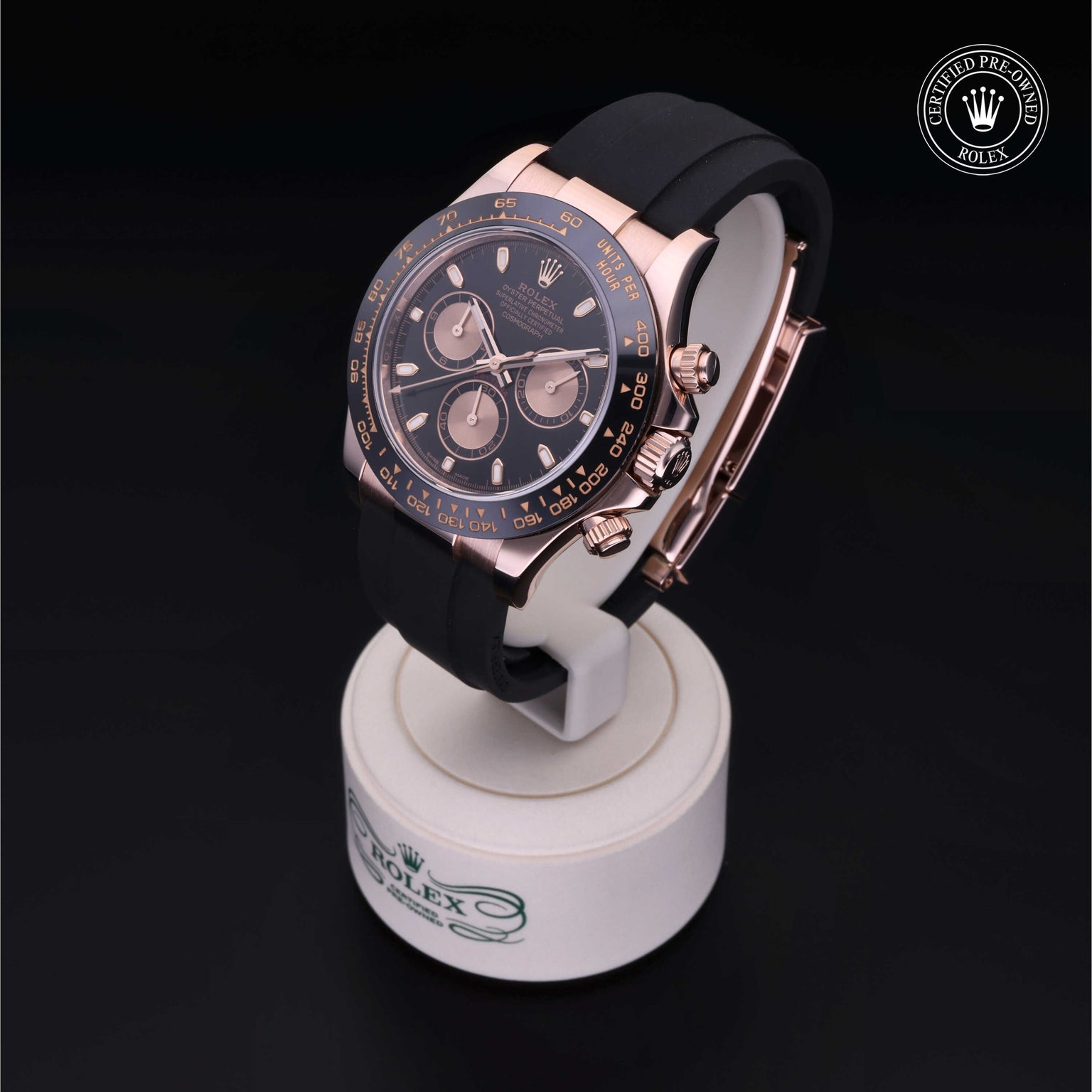 Rolex Certified Pre-owned Daytona M116515LN-0017 front on black background
