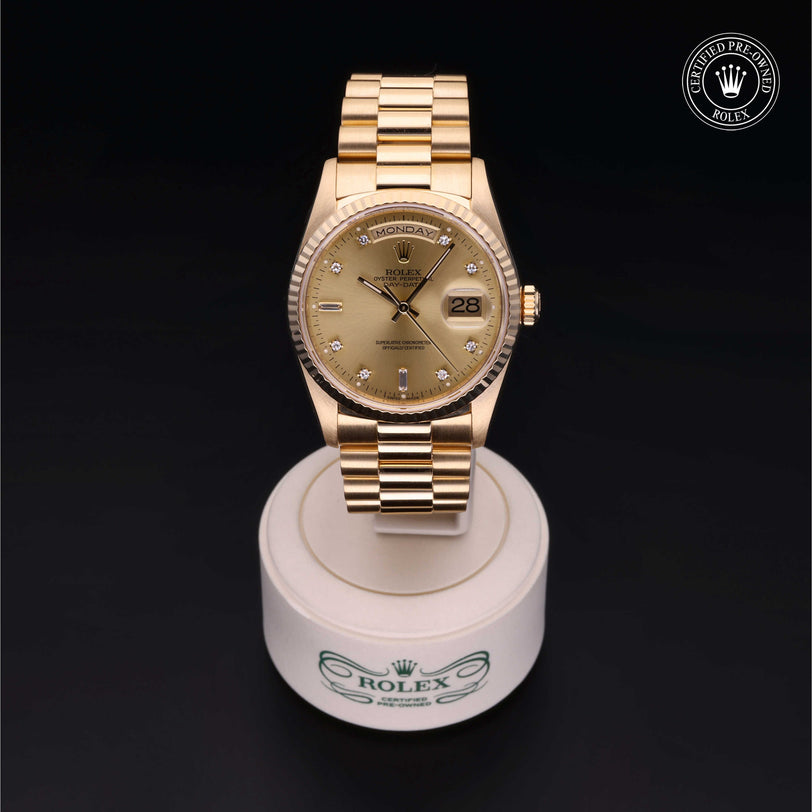 Rolex Certified Pre-owned Day-date M18238-0010 front on black background