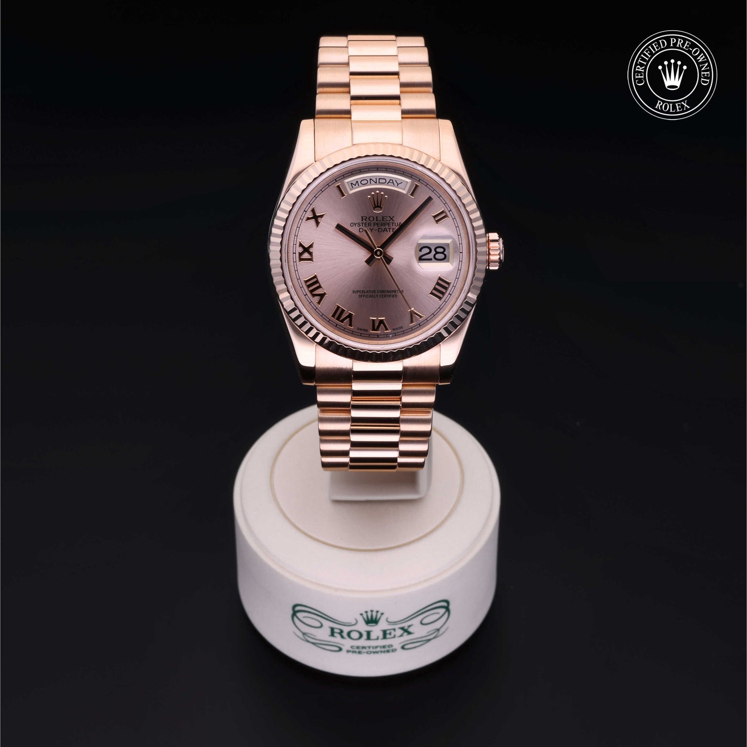 Rolex Certified Pre-owned Day-date M118235-0030 front on black background