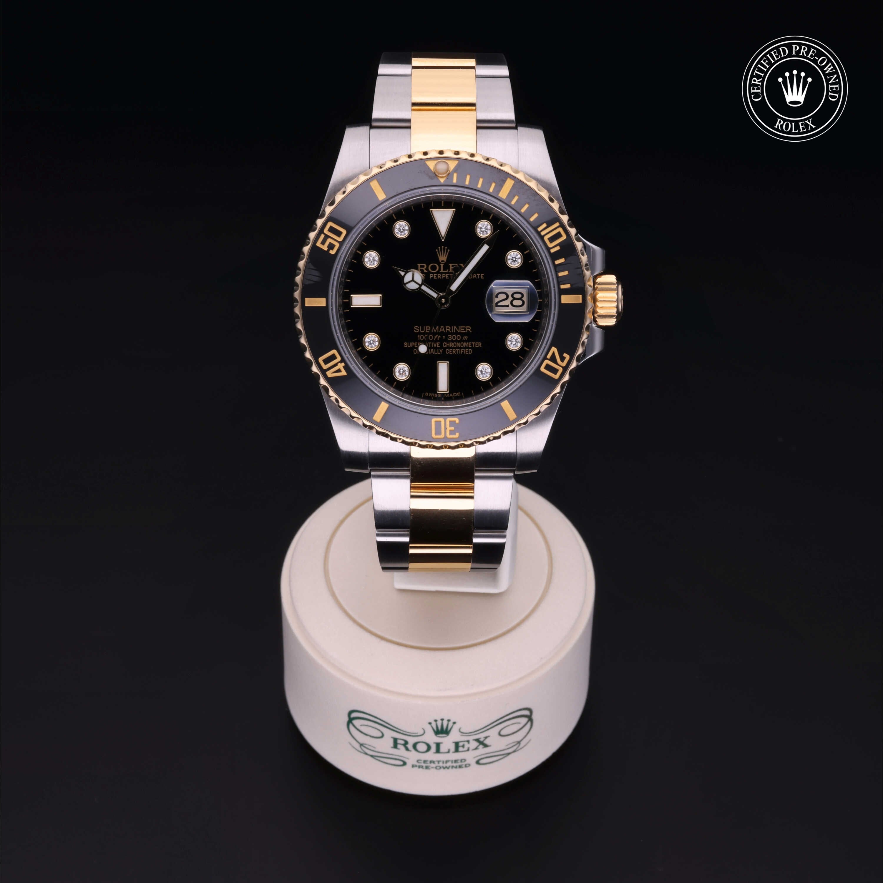 Rolex Certified Pre-owned Submariner Date M116613LN-0003 front on black background