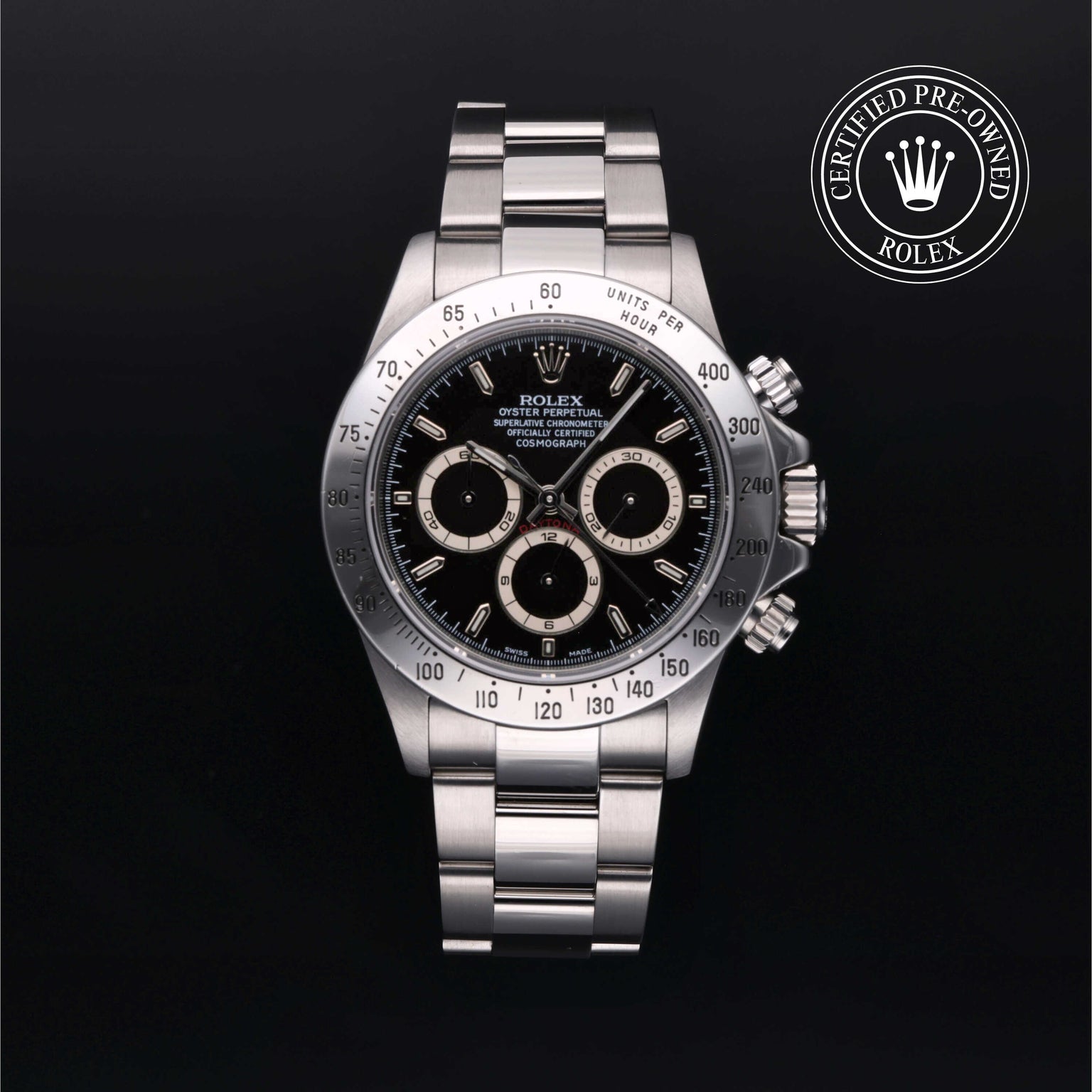 Rolex Certified Pre-owned Daytona M16520-0002 front on black background