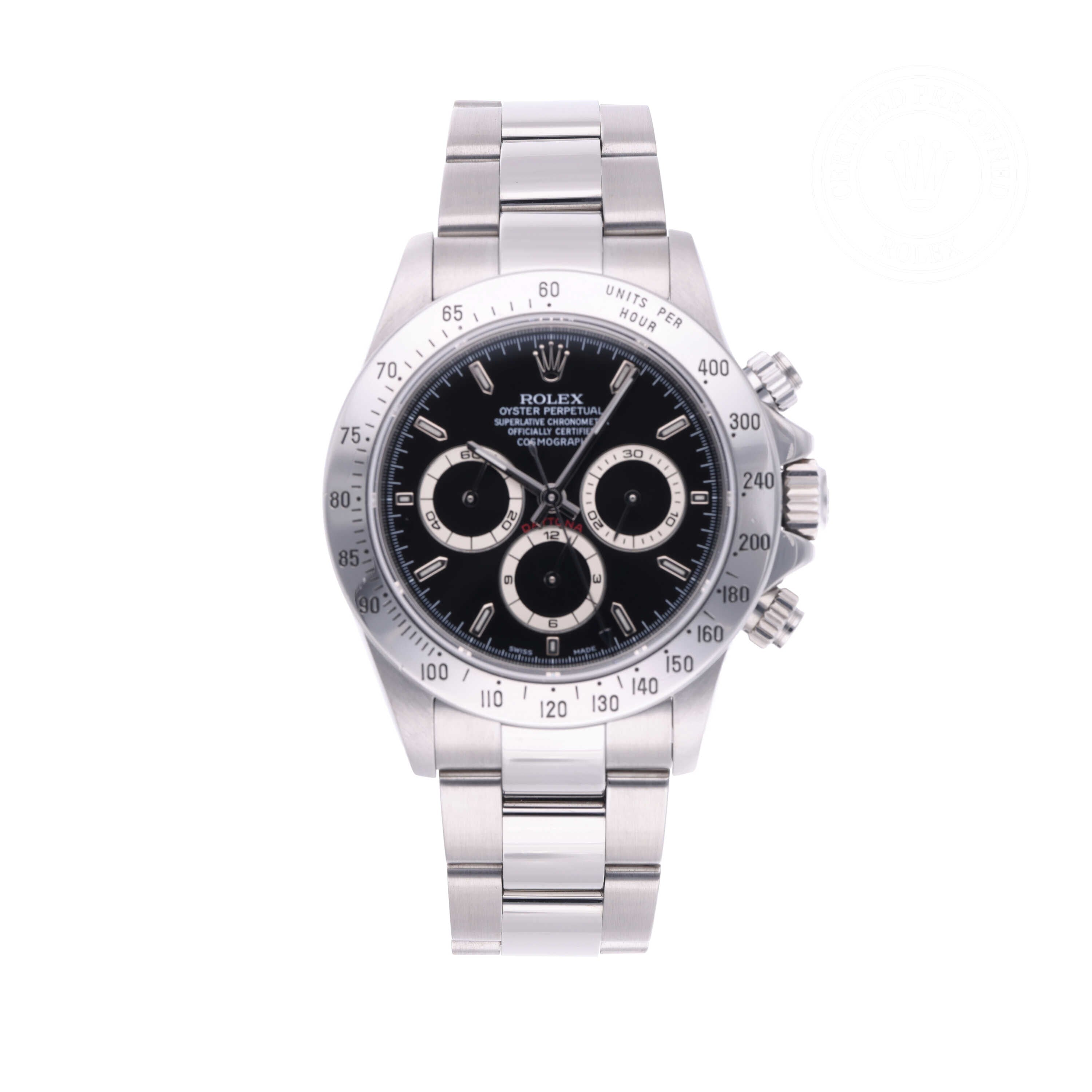 Rolex Certified Pre-owned Daytona M16520-0002 front on white background