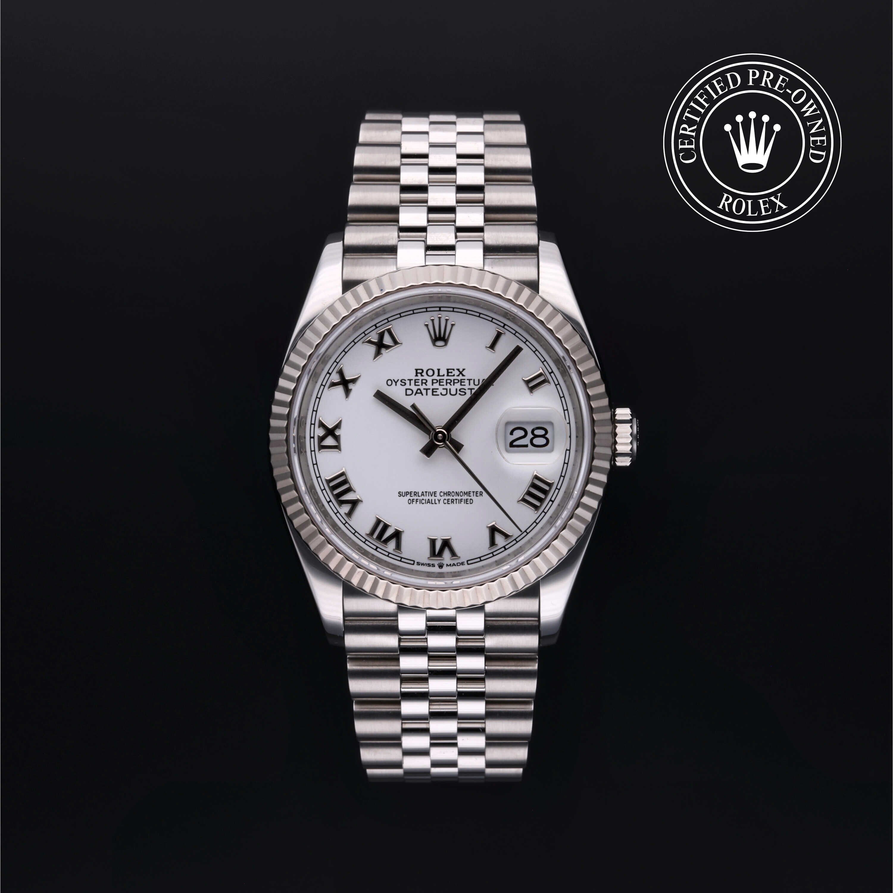 Rolex Certified Pre-owned Datejust M126234-0025 front on black background