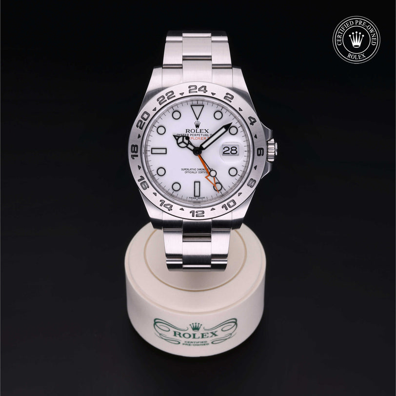 Rolex Certified Pre-owned Explorer II M216570-0001 front on black background
