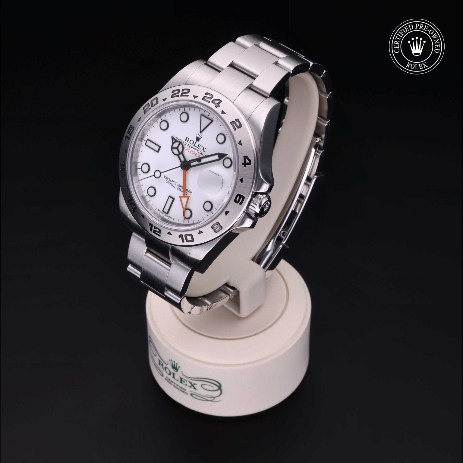 Rolex Certified Pre-owned Explorer II M216570-0001 front on black background