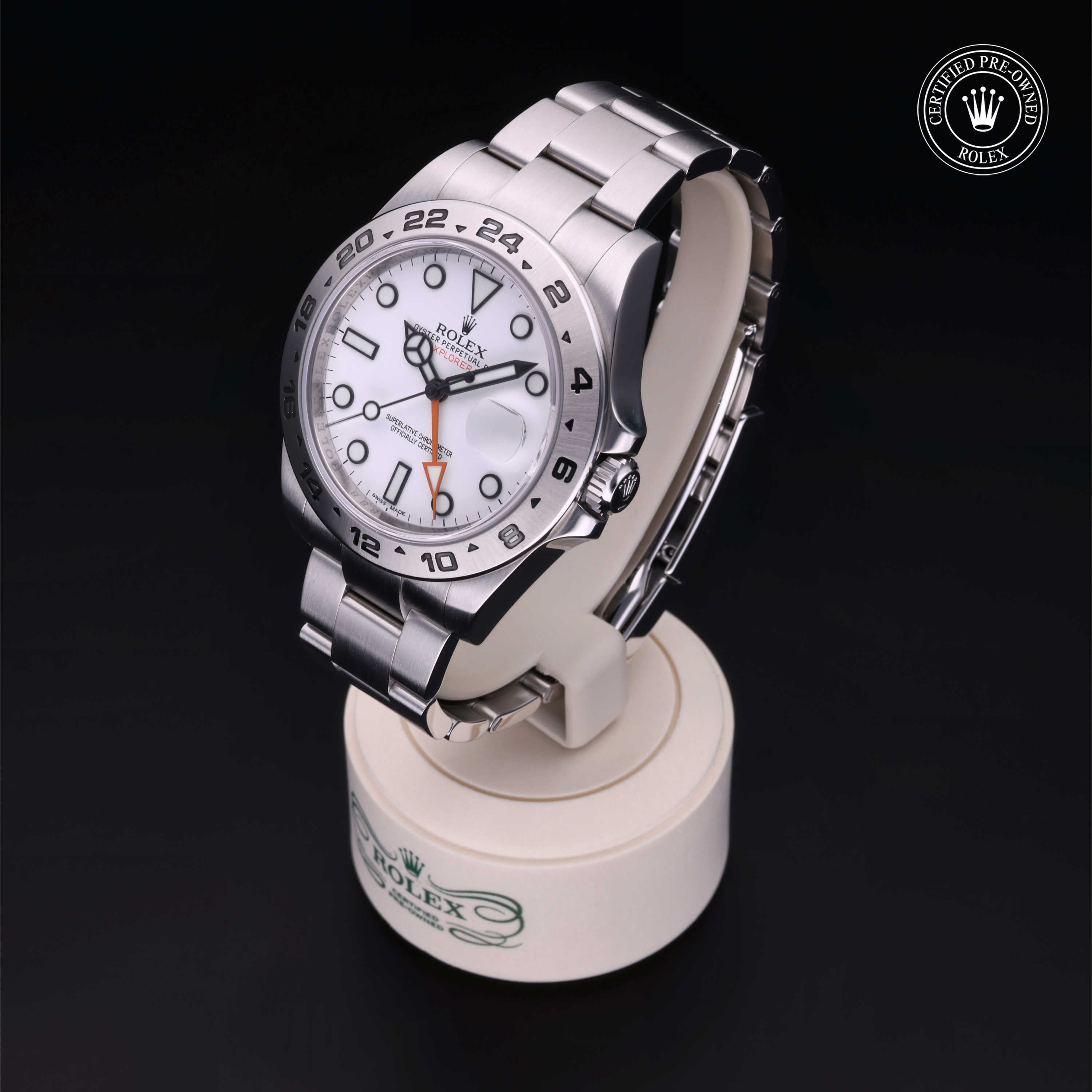 Rolex Certified Pre-owned Explorer II M216570-0001 front on black background