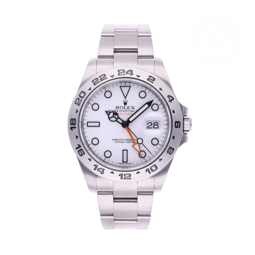 Rolex Certified Pre-owned Explorer II M216570-0001 front on white background