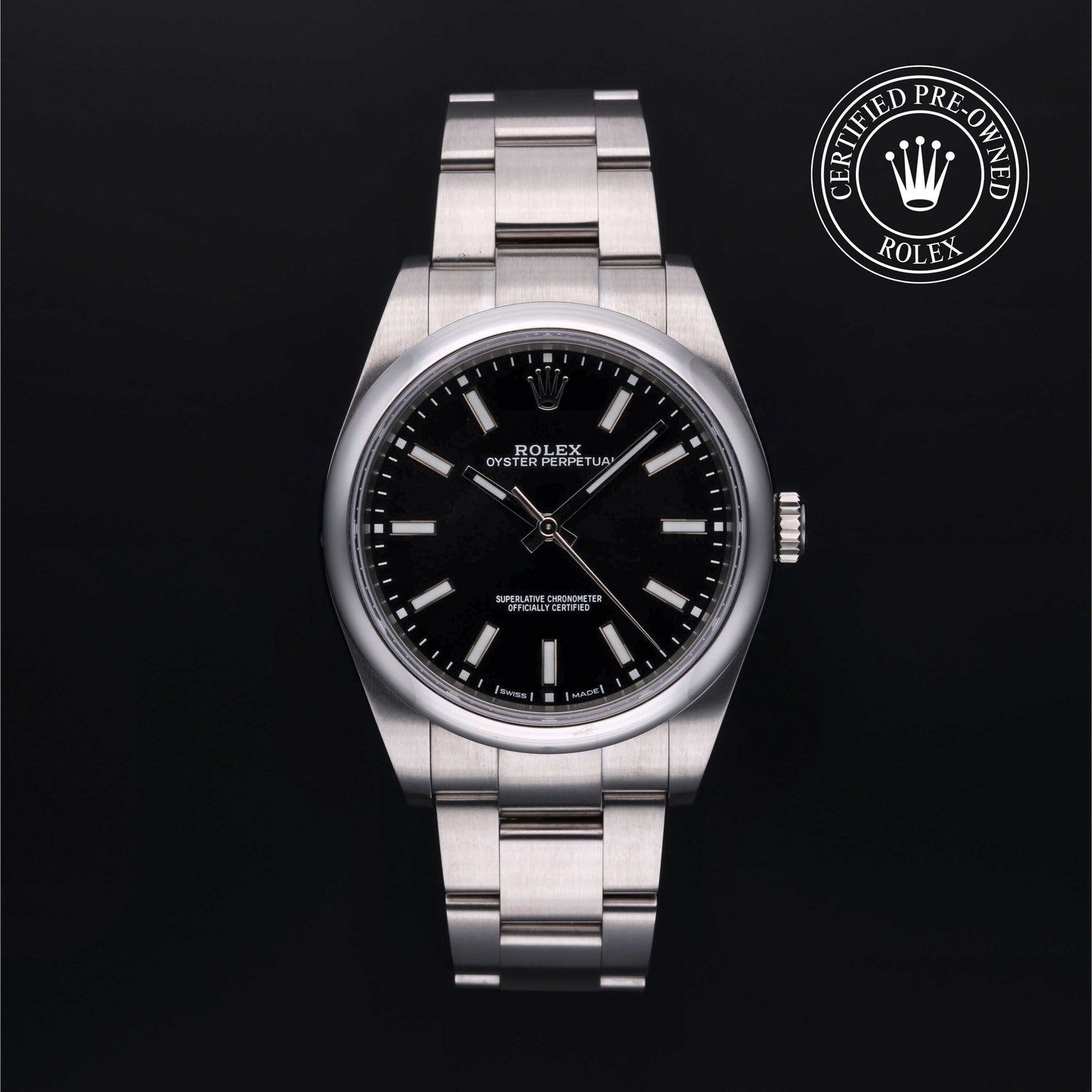 Rolex Certified Pre-owned Oyster Perpetual M114300-0005 front on black background