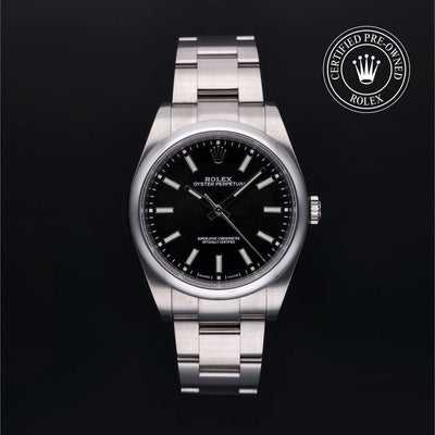 Rolex Certified Pre-owned Oyster Perpetual M114300-0005 front on black background