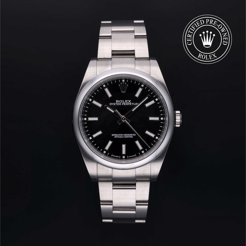 Rolex Certified Pre-owned Oyster Perpetual M114300-0005 front on black background