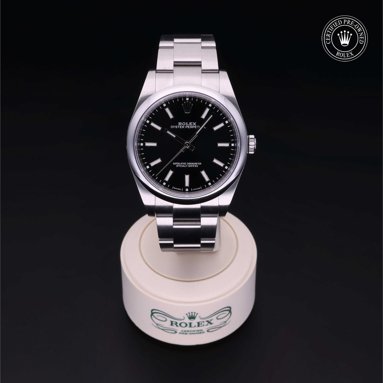 Rolex Certified Pre-owned Oyster Perpetual M114300-0005 front on black background