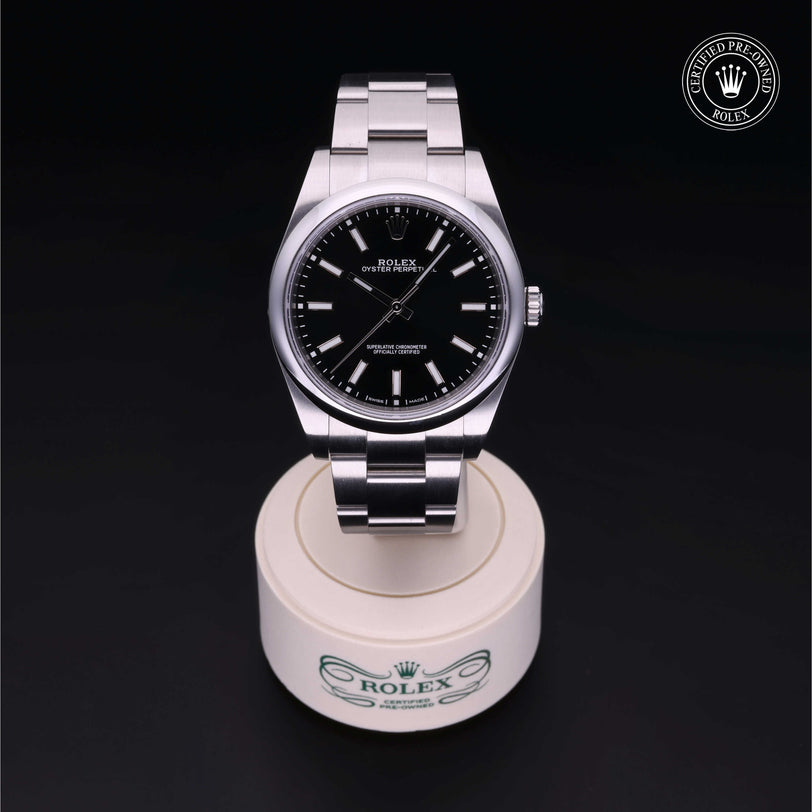 Rolex Certified Pre-owned Oyster Perpetual M114300-0005 front on black background