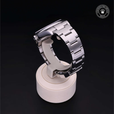 Rolex Certified Pre-owned Oyster Perpetual M114300-0005 front on black background