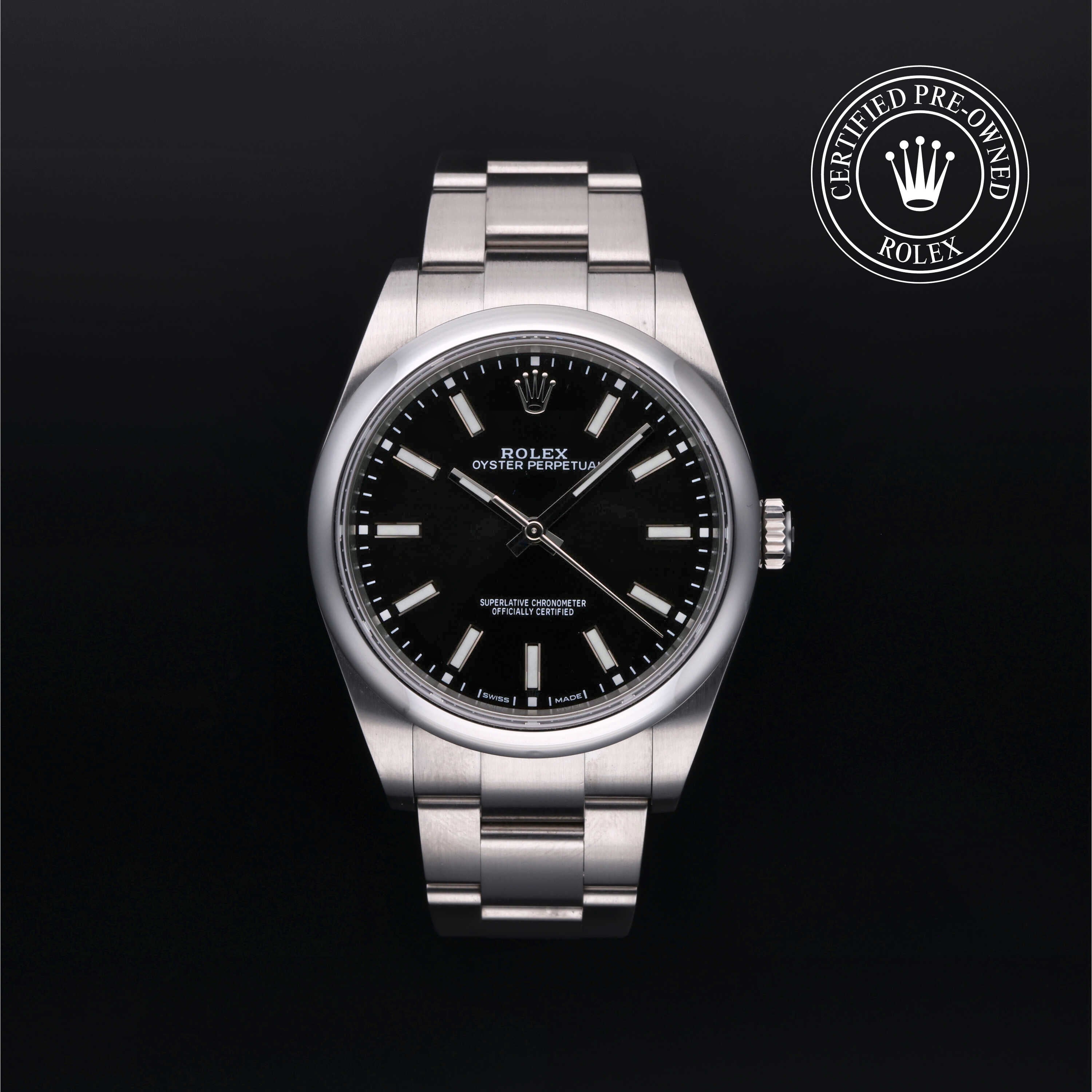 Rolex Certified Pre-owned Oyster Perpetual M114300-0005 front on black background