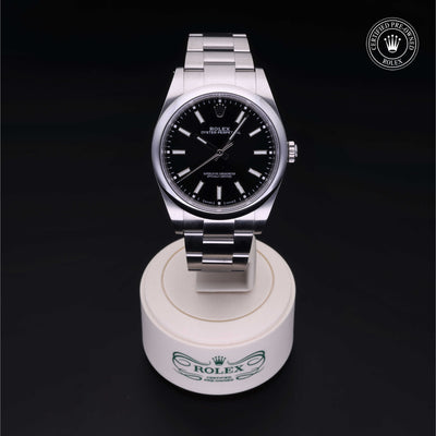 Rolex Certified Pre-owned Oyster Perpetual M114300-0005 front on black background