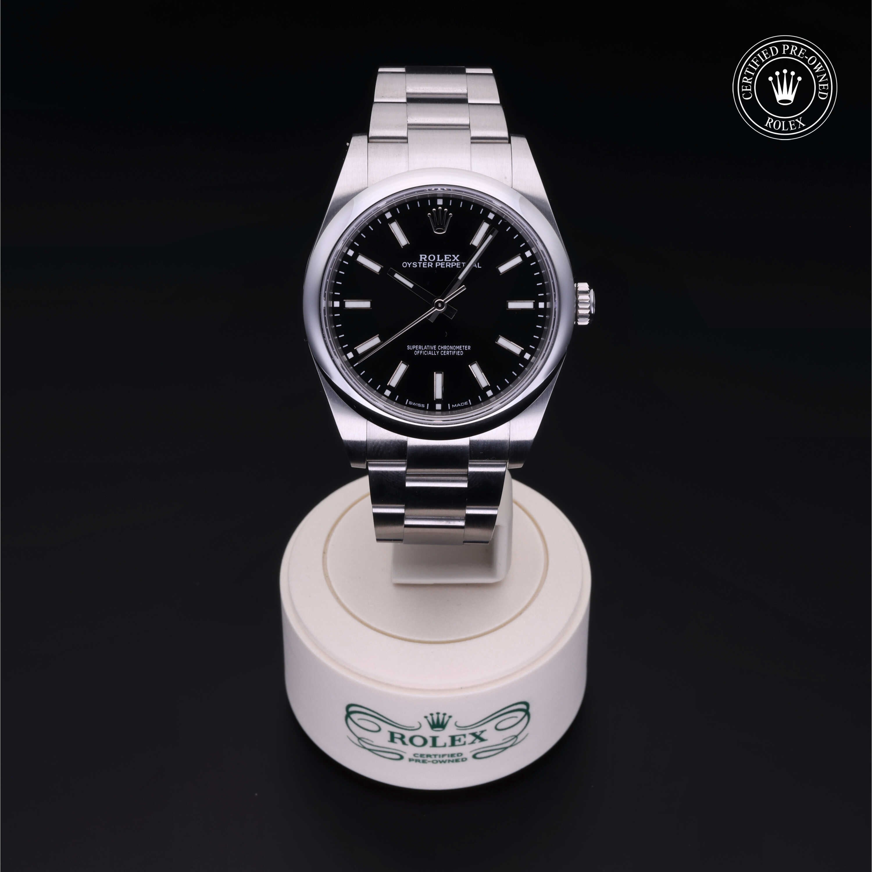 Rolex Certified Pre-owned Oyster Perpetual M114300-0005 front on black background