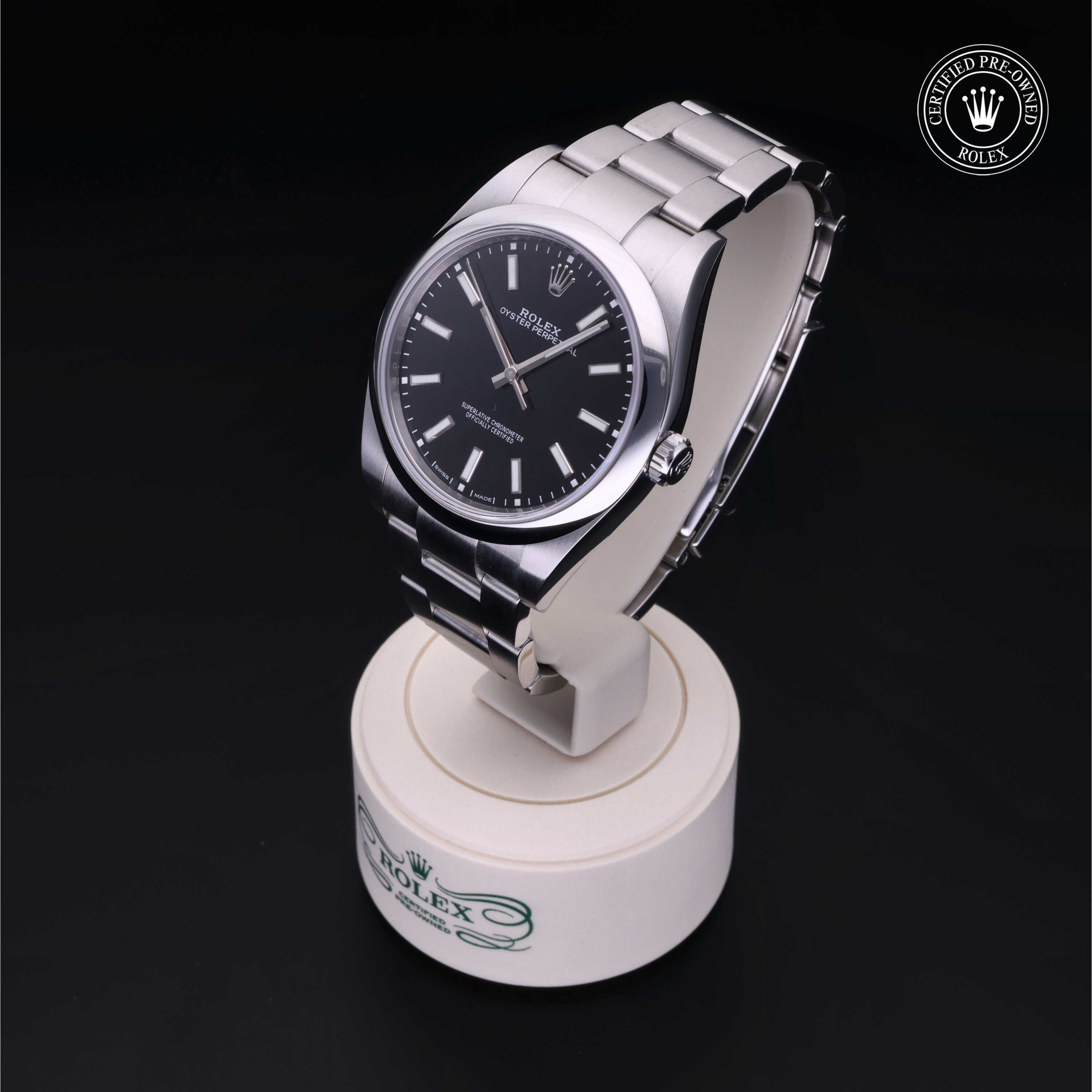 Rolex Certified Pre-owned Oyster Perpetual M114300-0005 front on black background