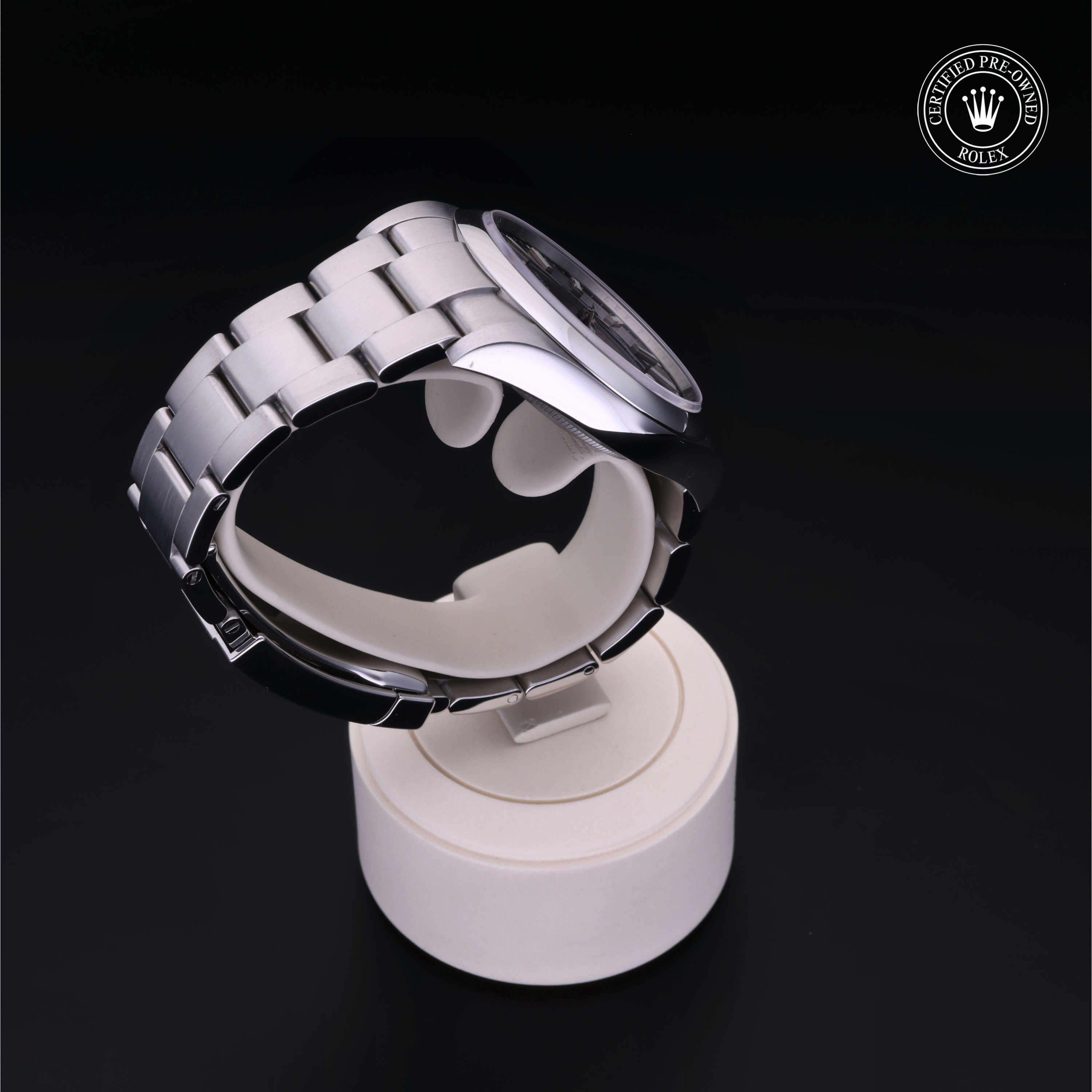 Rolex Certified Pre-owned Oyster Perpetual M114300-0005 front on black background