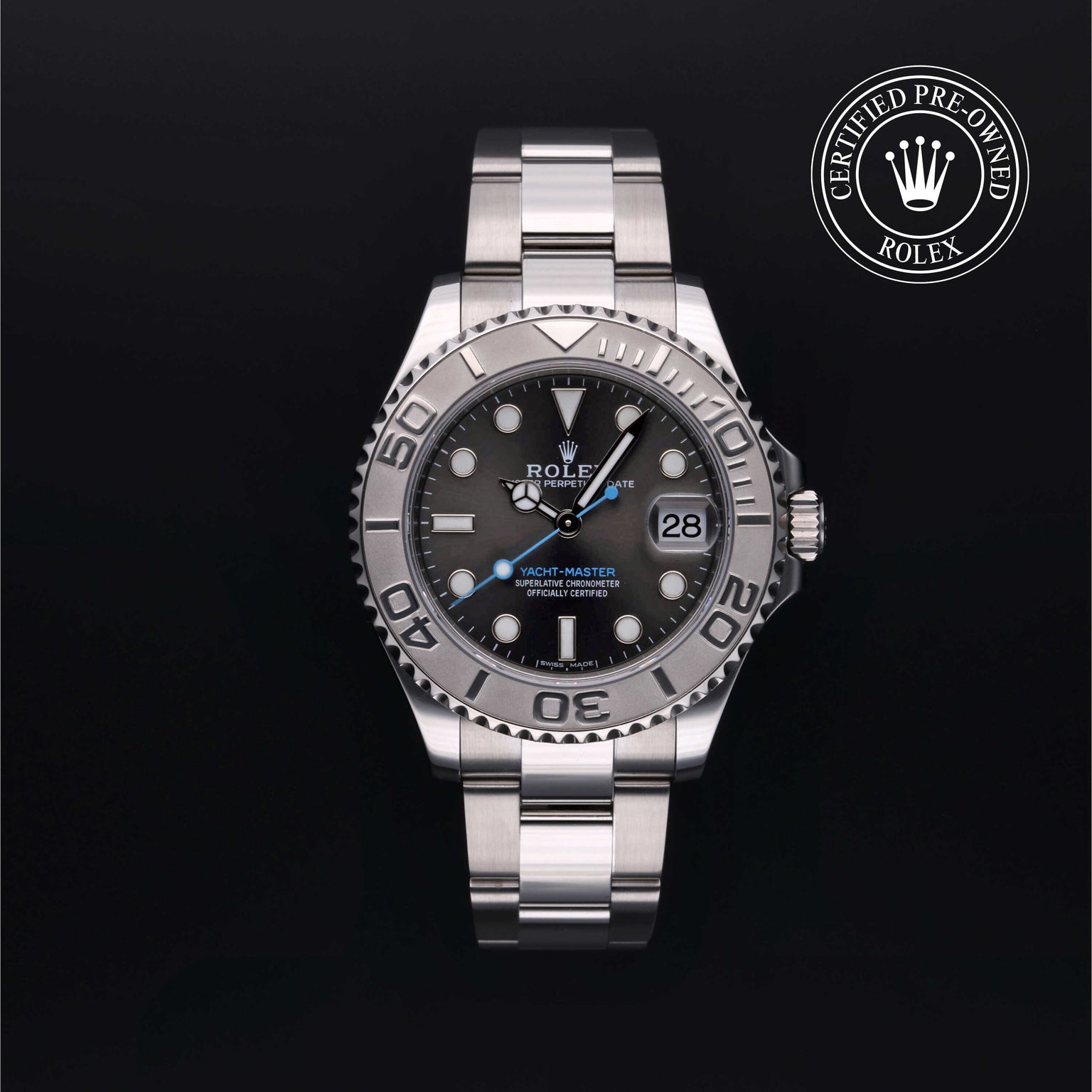 Rolex Certified Pre-owned Yacht-Master M268622-0002 front on black background