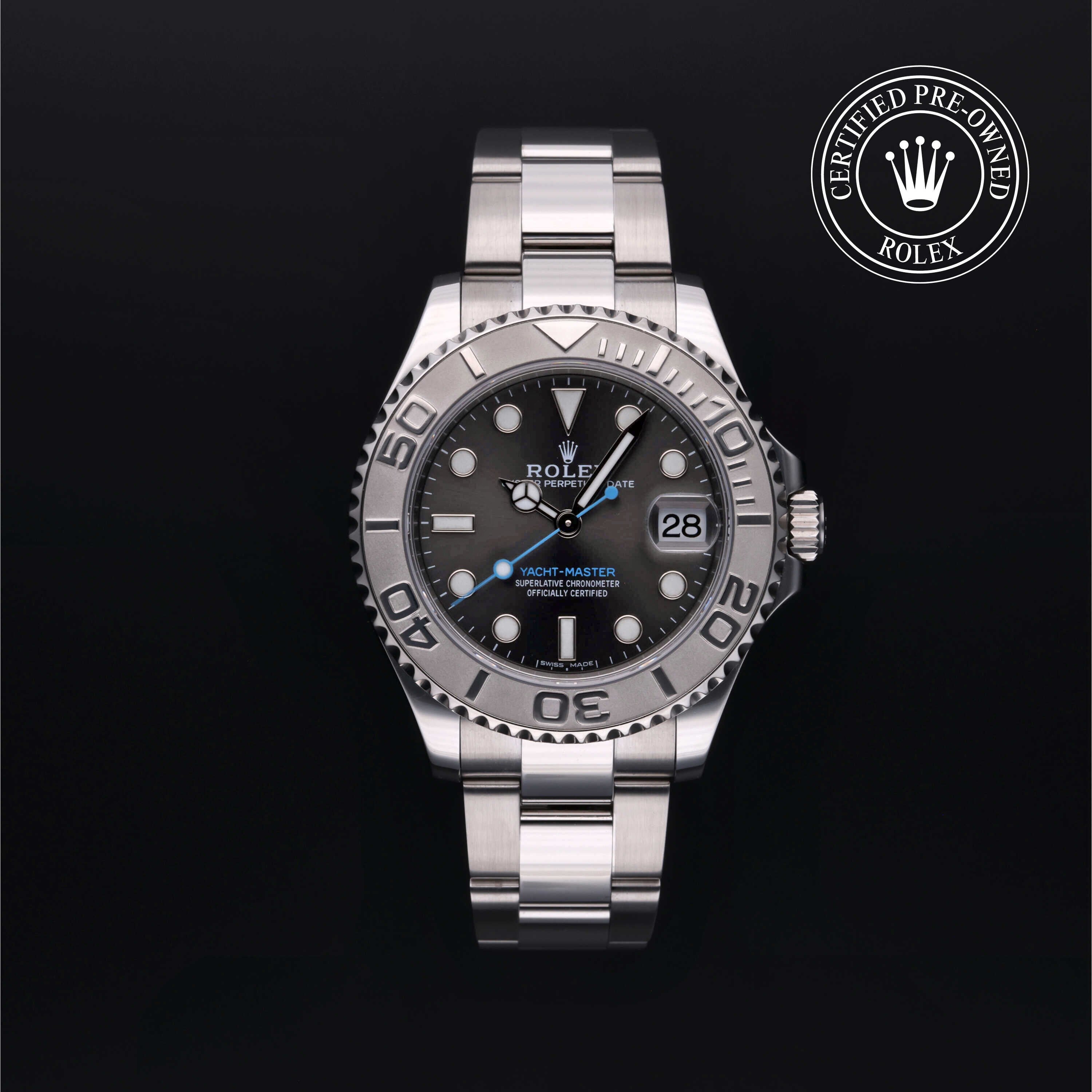 Rolex Certified Pre-owned Yacht-Master M268622-0002 front on black background