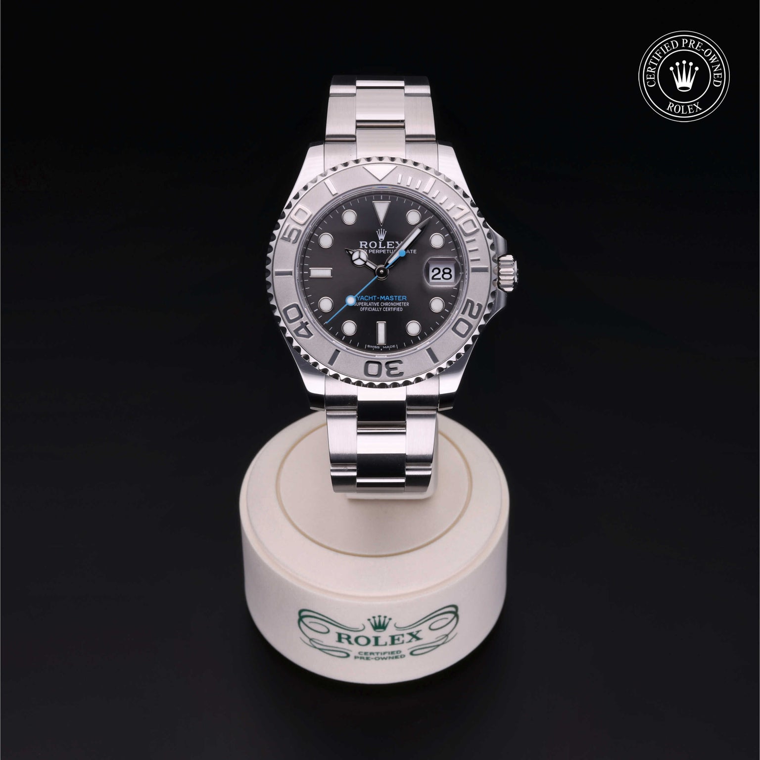 Rolex Certified Pre-owned Yacht-Master M268622-0002 front on black background