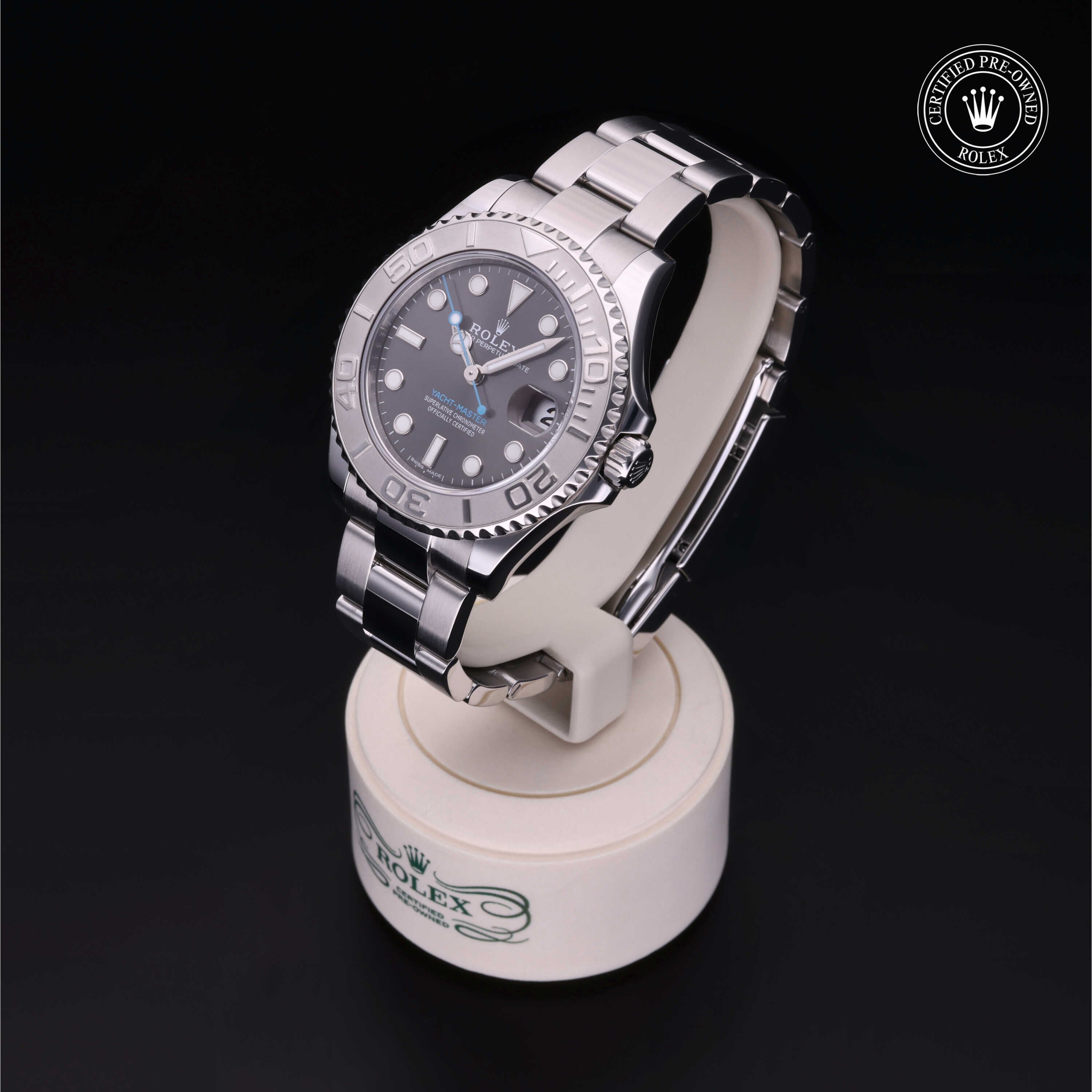 Rolex Certified Pre-owned Yacht-Master M268622-0002 front on black background