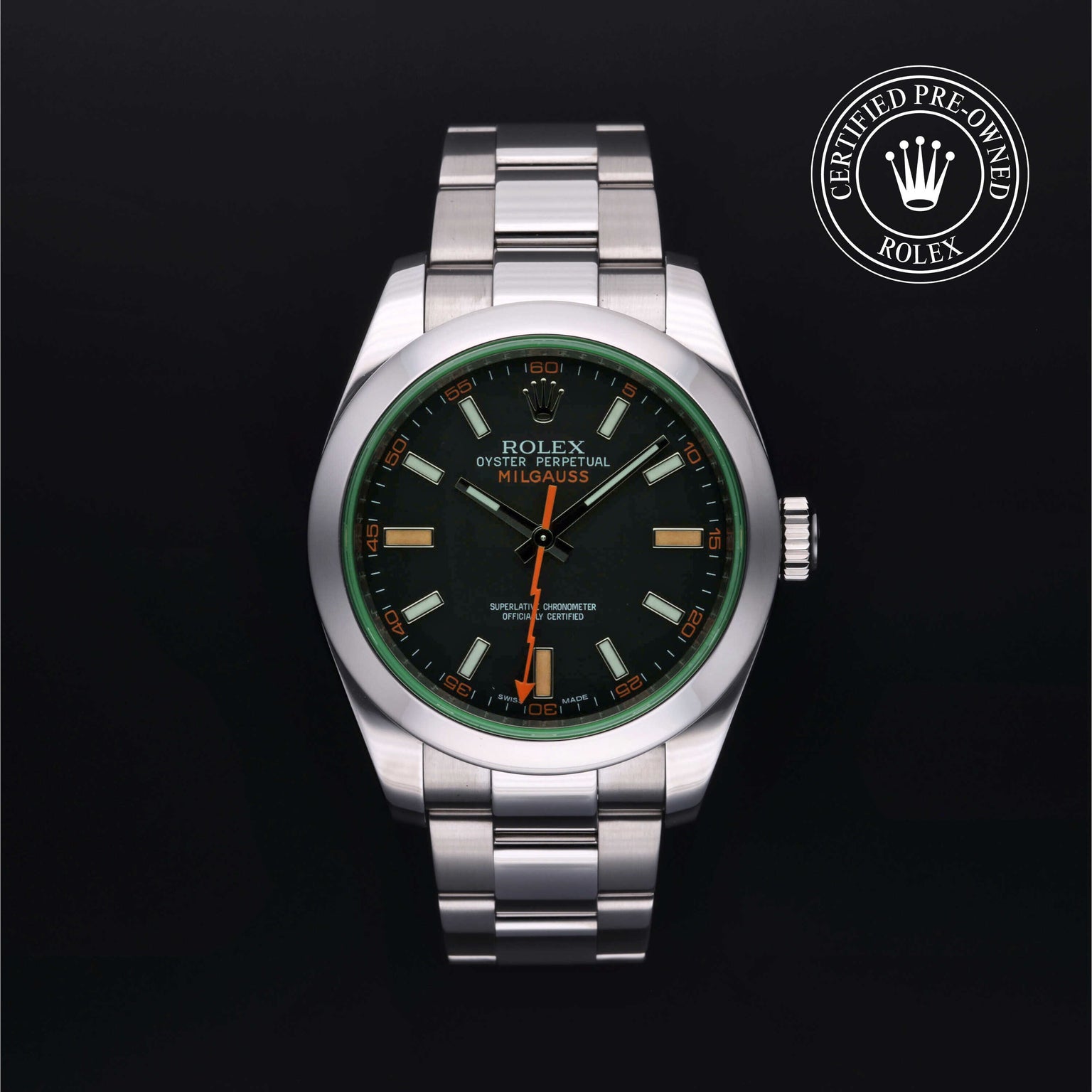 Rolex Certified Pre-owned Milgauss M116400GV-0001 front on black background