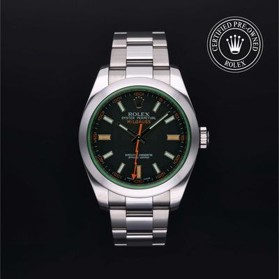 Rolex Certified Pre-owned Milgauss M116400GV-0001 front on black background