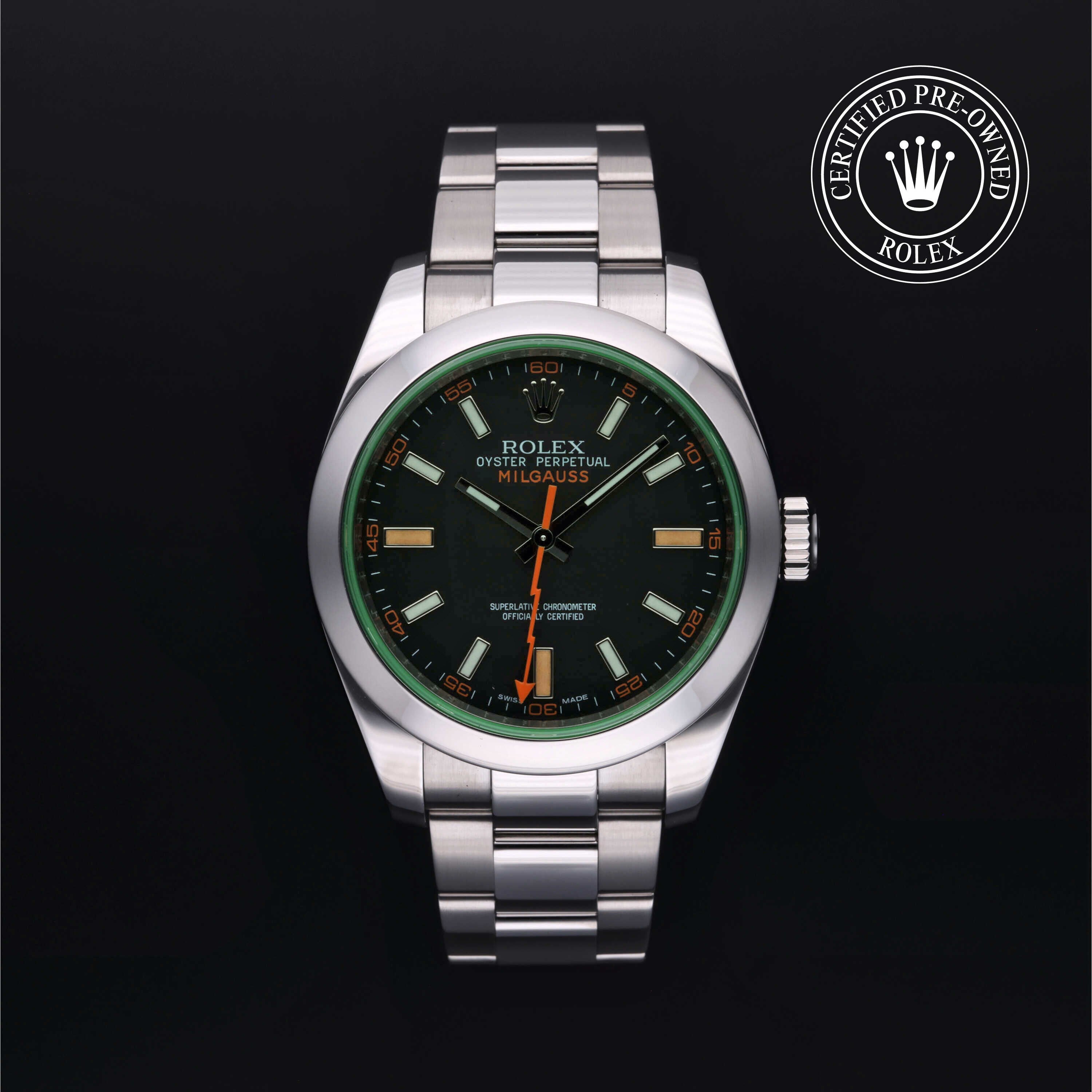Rolex Certified Pre-owned Milgauss M116400GV-0001 front on black background
