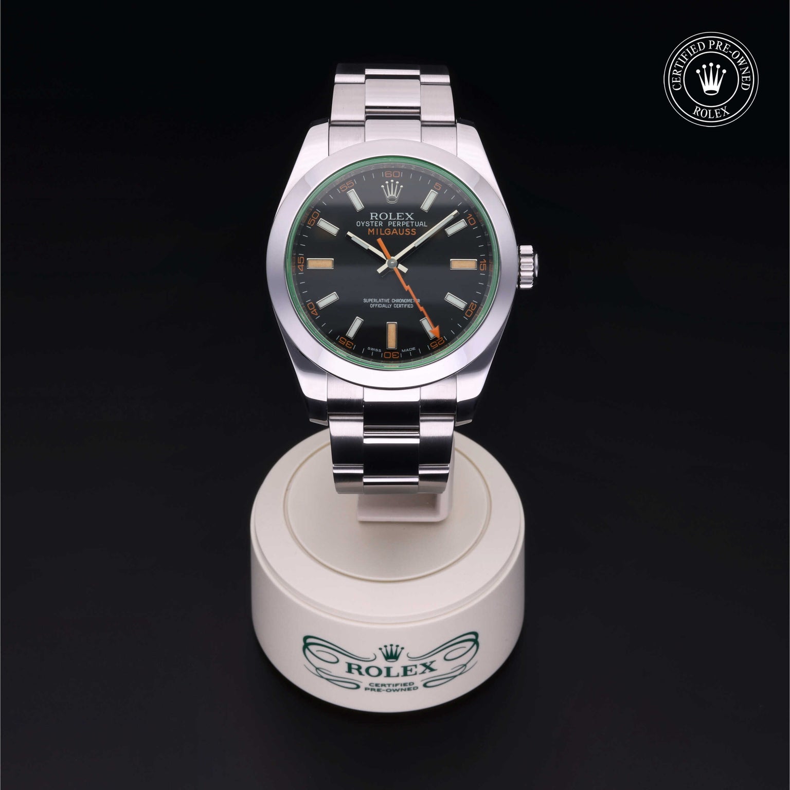 Rolex Certified Pre-owned Milgauss M116400GV-0001 front on black background