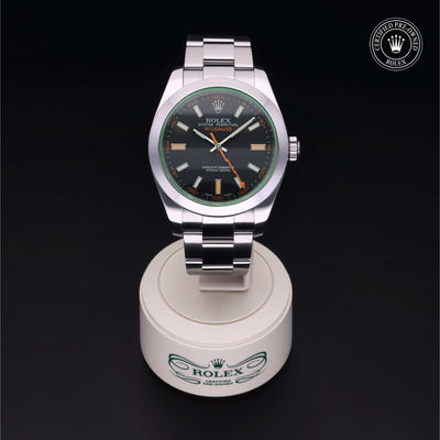 Rolex Certified Pre-owned Milgauss M116400GV-0001 front on black background