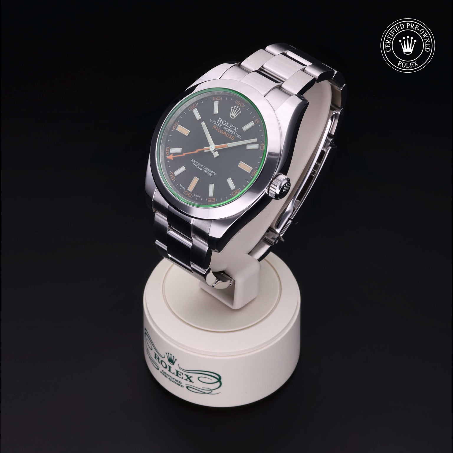 Rolex Certified Pre-owned Milgauss M116400GV-0001 front on black background