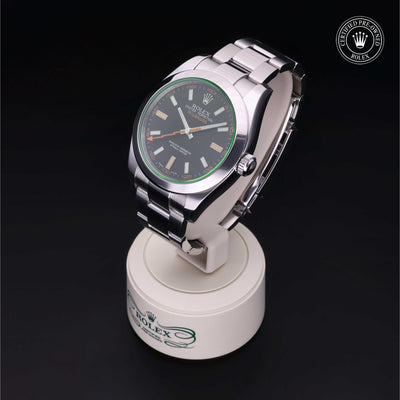 Rolex Certified Pre-owned Milgauss M116400GV-0001 front on black background