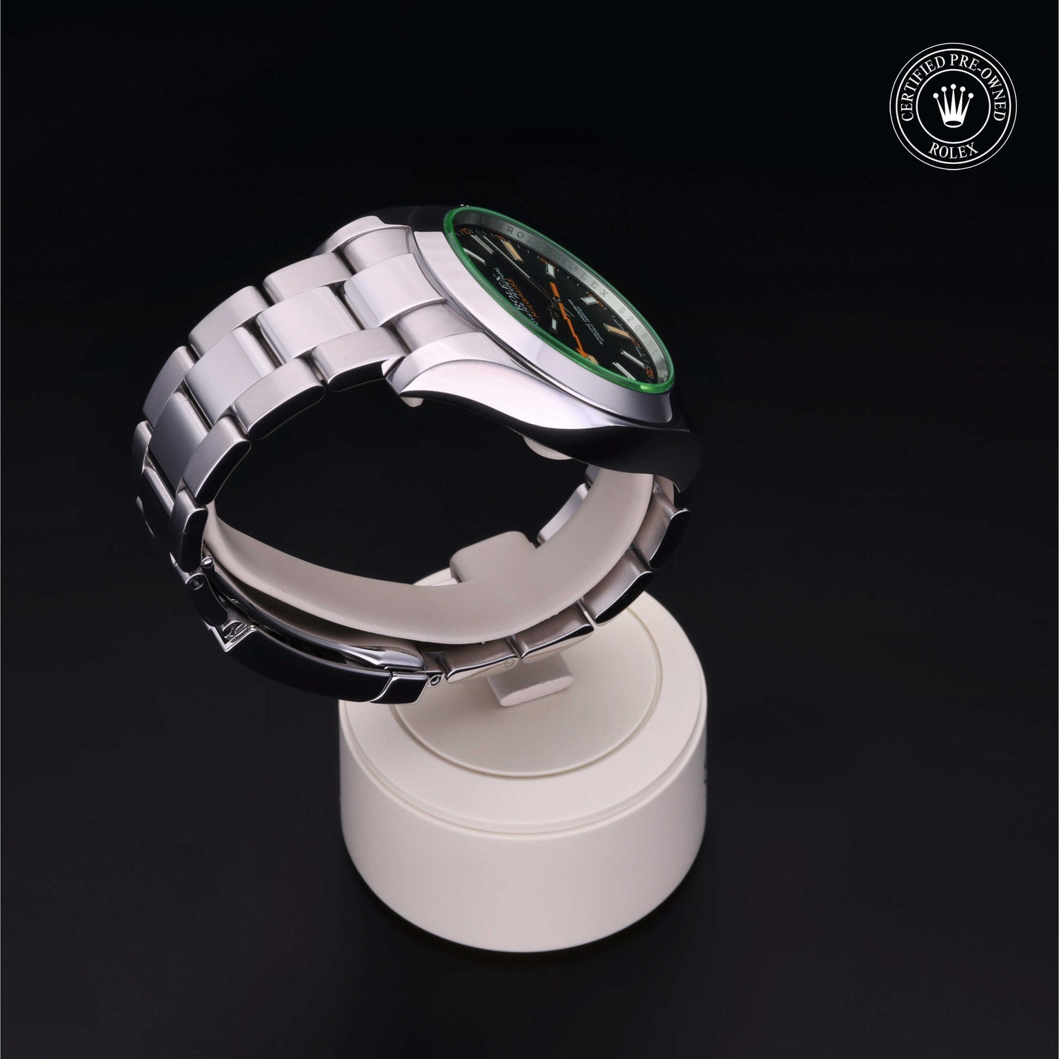 Rolex Certified Pre-owned Milgauss M116400GV-0001 front on black background
