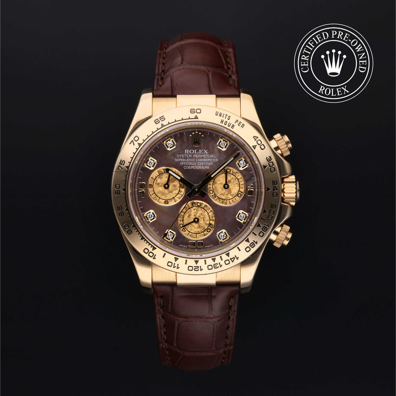 Rolex Certified Pre-owned Daytona M116518-0086 front on black background