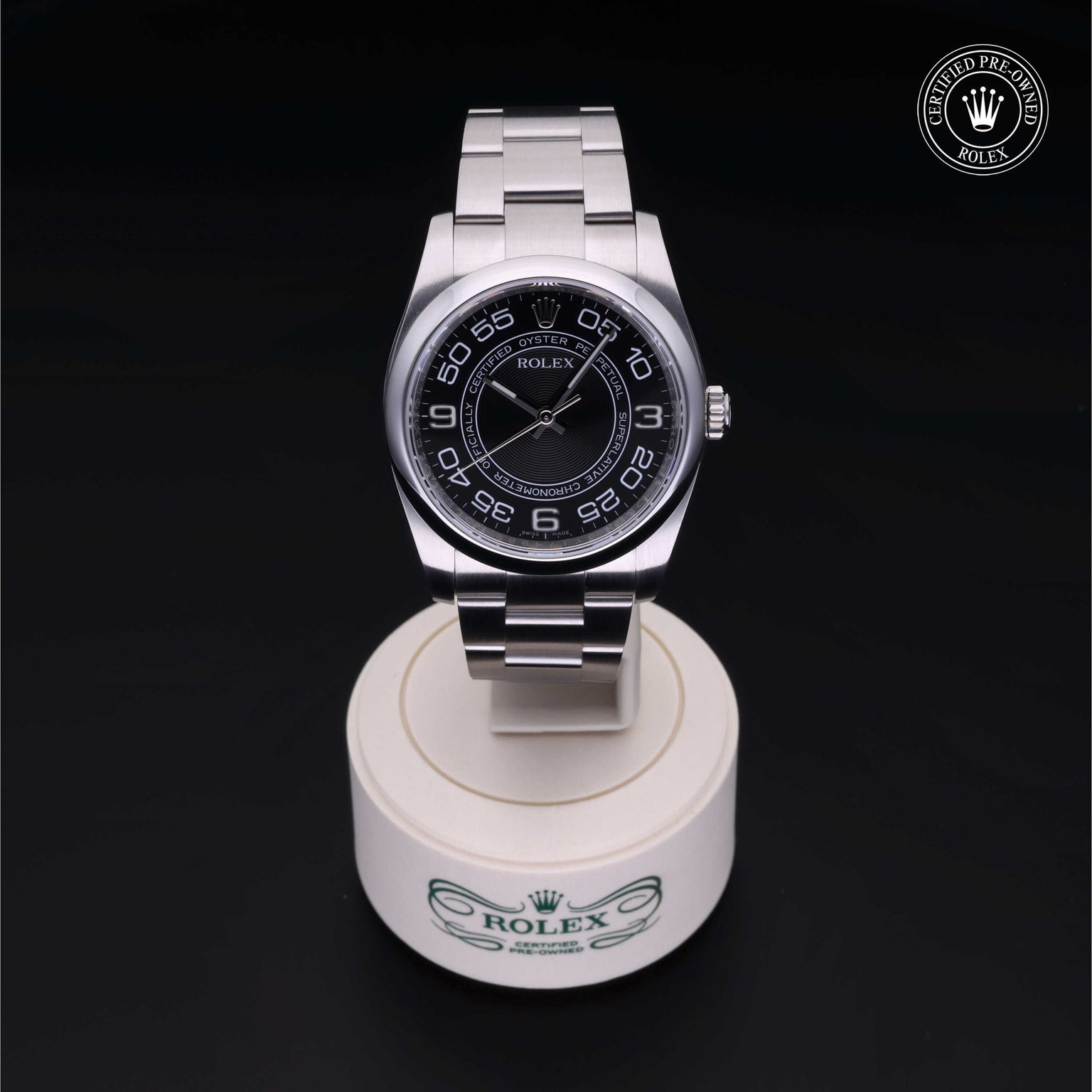 Rolex Certified Pre-owned Oyster Perpetual M116000-0010 front on black background
