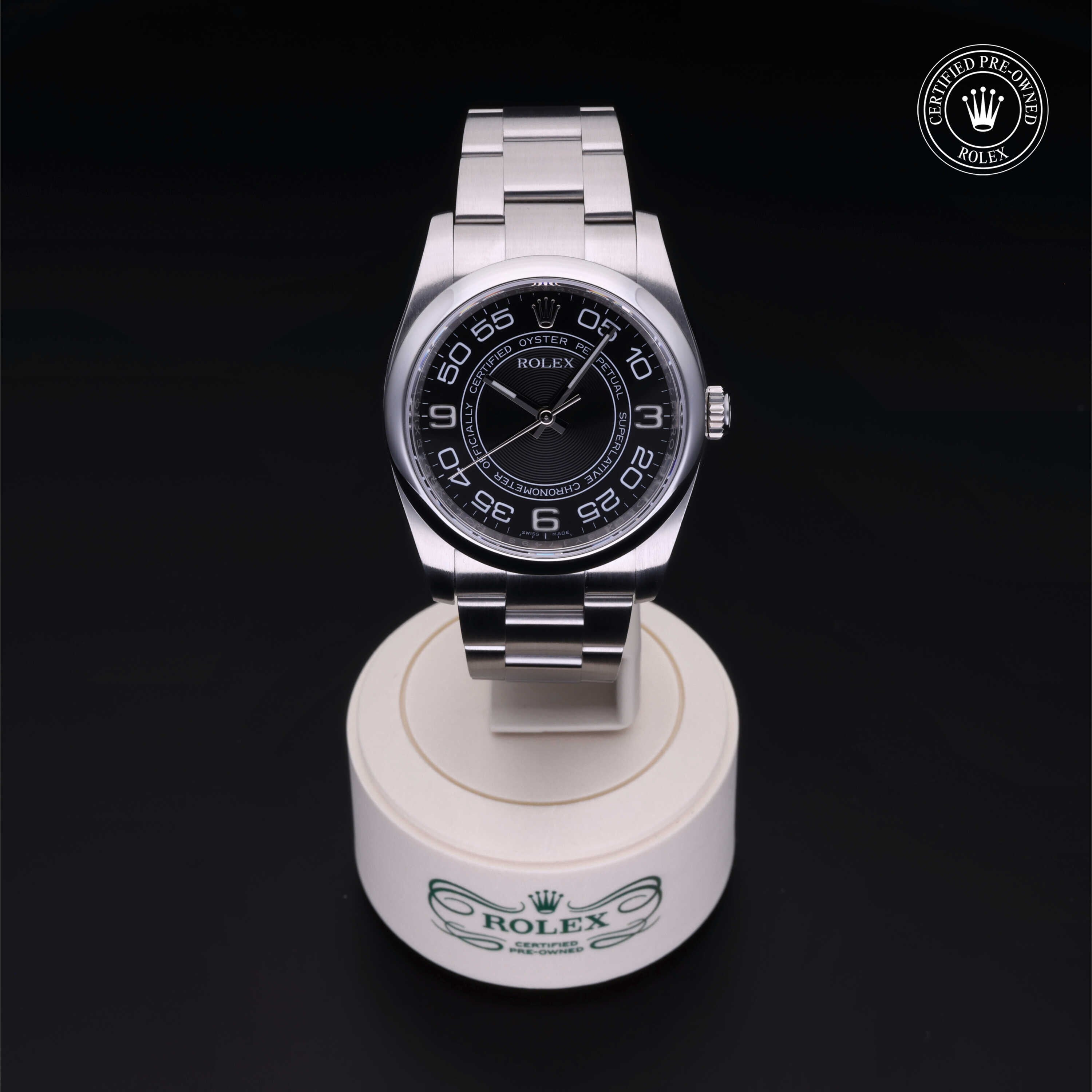Rolex Certified Pre-owned Oyster Perpetual M116000-0010 front on black background