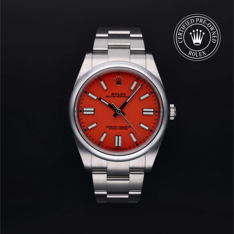Rolex Certified Pre-owned Oyster Perpetual M124300-0007 front on black background