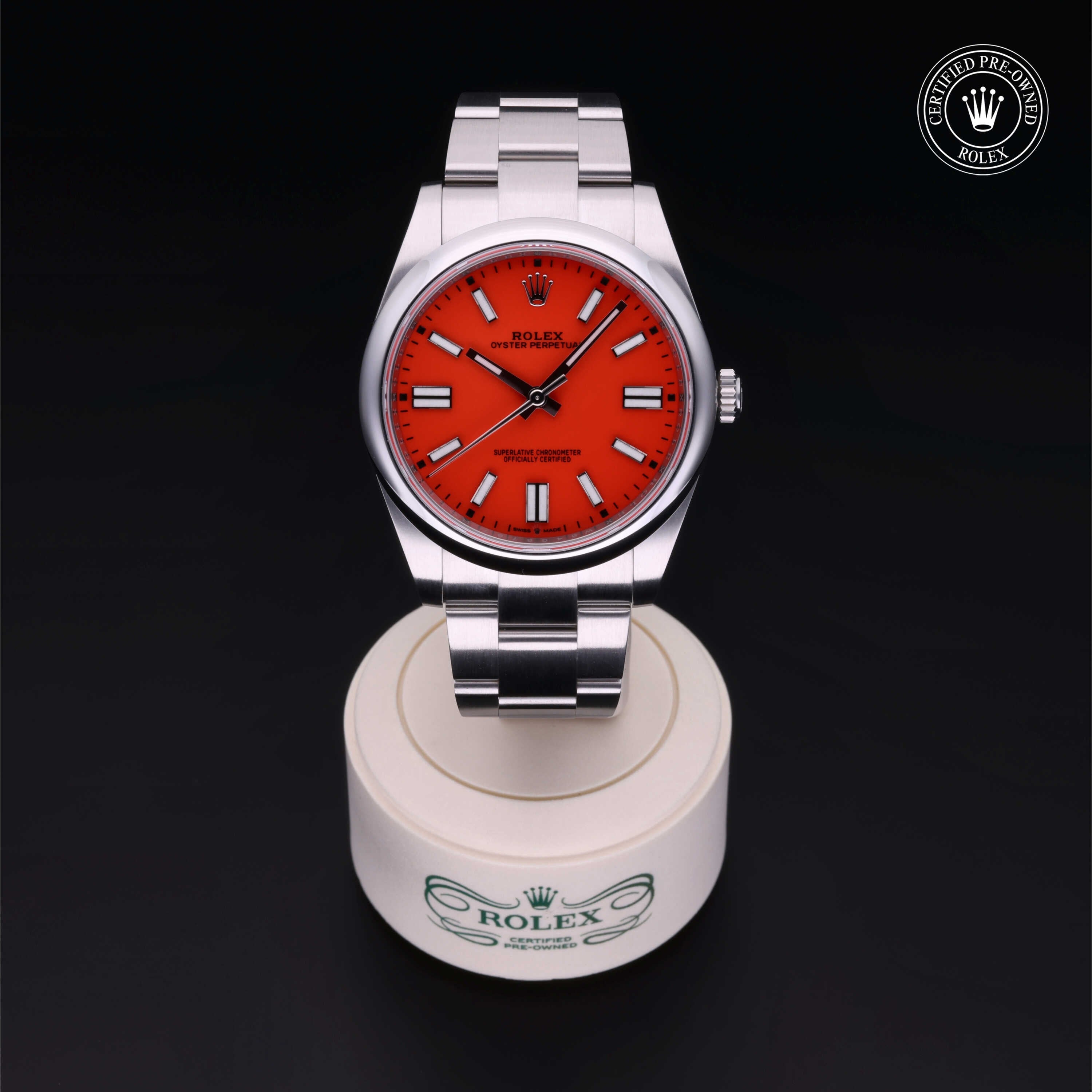 Rolex Certified Pre-owned Oyster Perpetual M124300-0007 front on black background