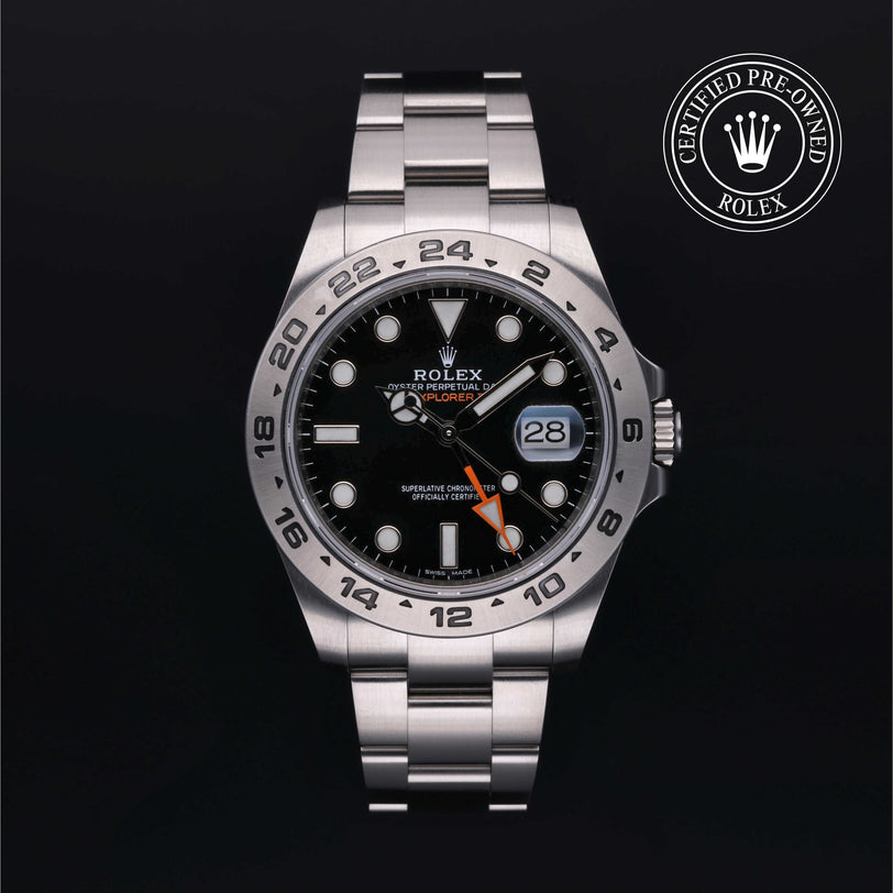 Rolex Certified Pre-owned Explorer II M216570-0002 front on black background