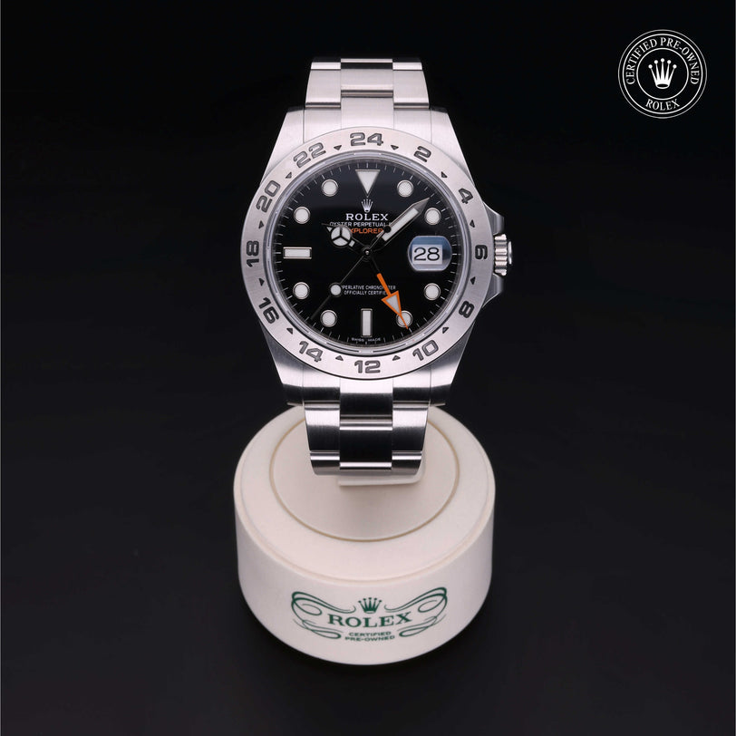 Rolex Certified Pre-owned Explorer II M216570-0002 front on black background