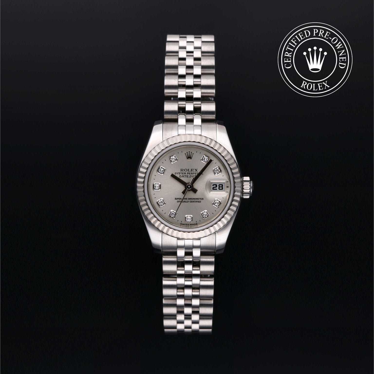 Rolex Certified Pre-owned Lady Datejust M179174-0030 front on black background