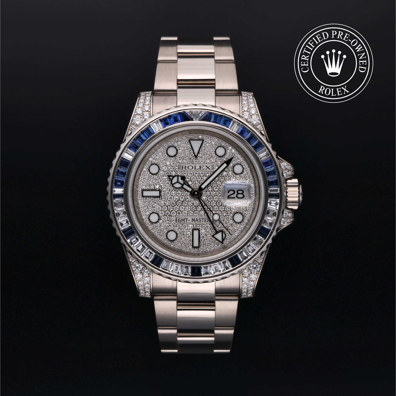 Rolex Certified Pre-owned GMT II M116759SA-0002 front on black background