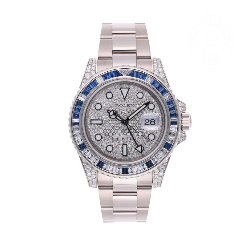 Rolex Certified Pre-owned GMT II M116759SA-0002 front on white background