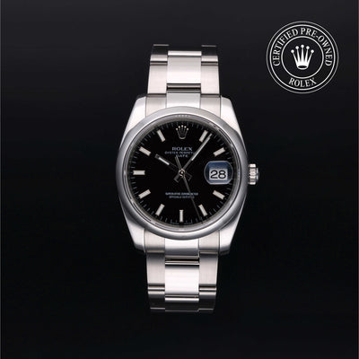 Rolex Certified Pre-owned Oyster Perpetual M115200-0004 front on black background