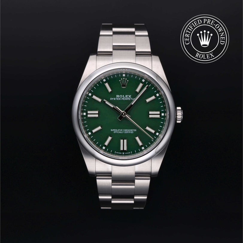 Rolex Certified Pre-owned Oyster Perpetual M124300-0005 front on black background