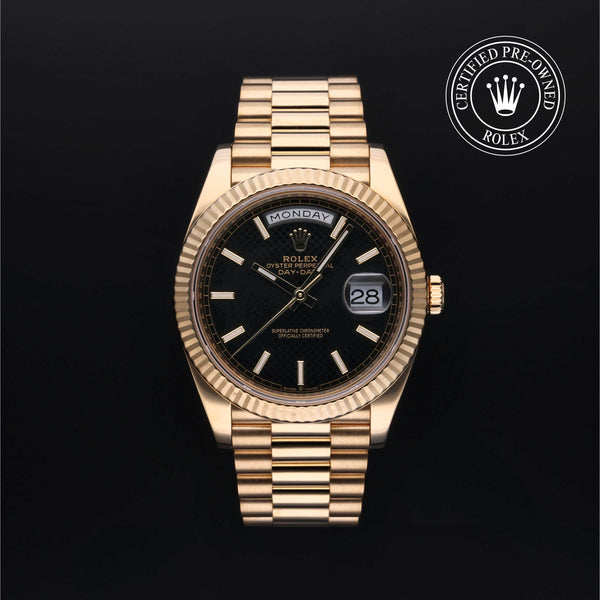Rolex Certified Pre-owned Day-date M228238-0007 front on black background